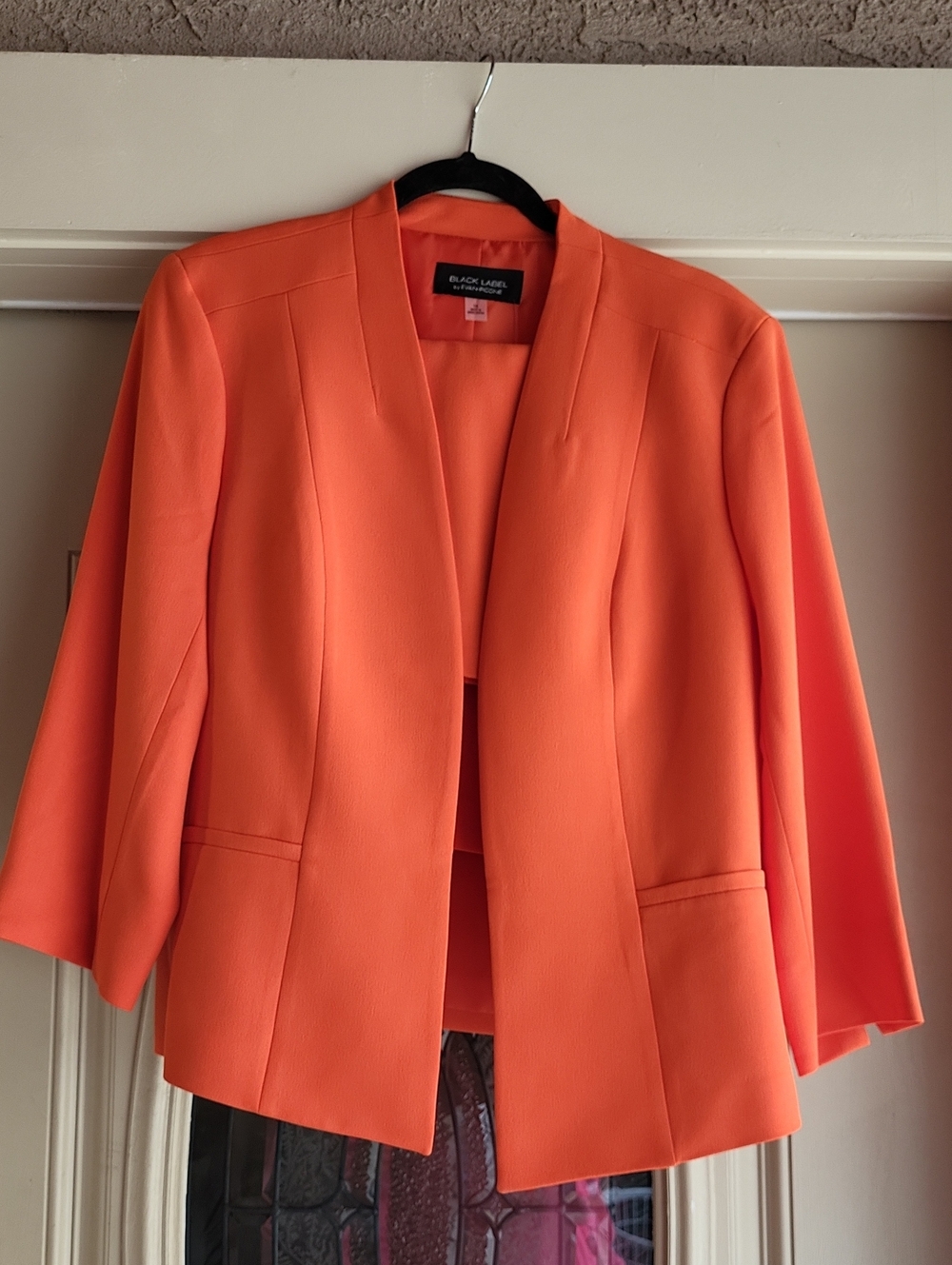 Black Label Evan-Picone Bright Orange Open-Front Blazer and Skirt Suit.